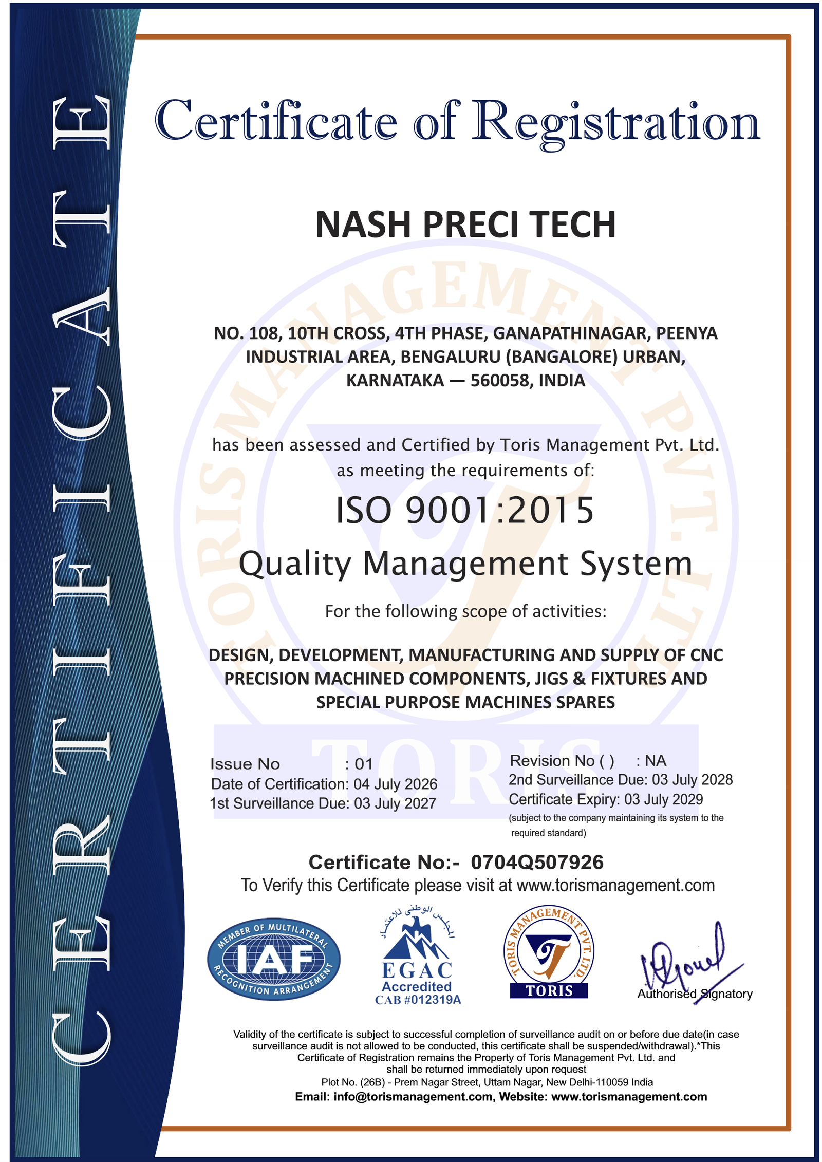 NASH Preci Tech ISO 9001:2015 Certificate of Registration